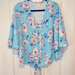 Bell sleeve tie front floral top